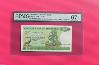 Zimbabwe 1994 Pick 2e,  5 Dollars Pmg67 S/n Ba9493419r photo