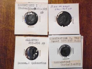 4 Old Ancient Bronze Coins; Maximianus I,  Constantine I,  Allectus; Pax,  Victory photo
