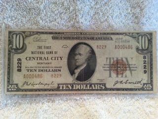 Rare Misprint 1929 Central City,  Ky National Currency $10 Bank Note Brown Seal photo