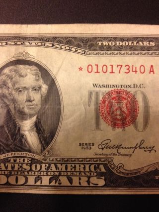 1953 $2 Dollar Bill Paper Money Red Seal Star Note Vintageusa photo