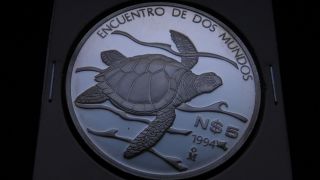 1994 Mexico 5 Pesos Ibero American Ridley Sea Turtle Silver Proof Coin photo