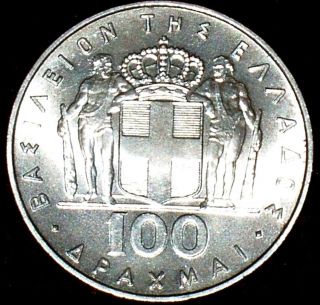 Greece Greek Grece 100 Drachma Drachmai Drachmes Unc Silver Coin 1967 Rrr photo