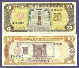 [an] Dominican Republic 20&100 Pesos Oro 1997 - 1998 P154&p156 Vf/vf, photo