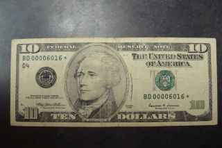 Low Serial Number,  Star Note,  1999 $10 Federal Reserve Serial 00006016 photo