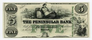 1800 ' S $5 The Peninsular Bank - Detroit,  Michigan Note Au photo