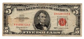 Series 1963 United States 5 Dollar United States Note Red Seal Oldpaper Money photo