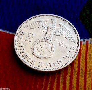 2 Mark German Silver Coin Wwii 1938 E Swastika 3rd Reich Reichsmark 5 Star photo