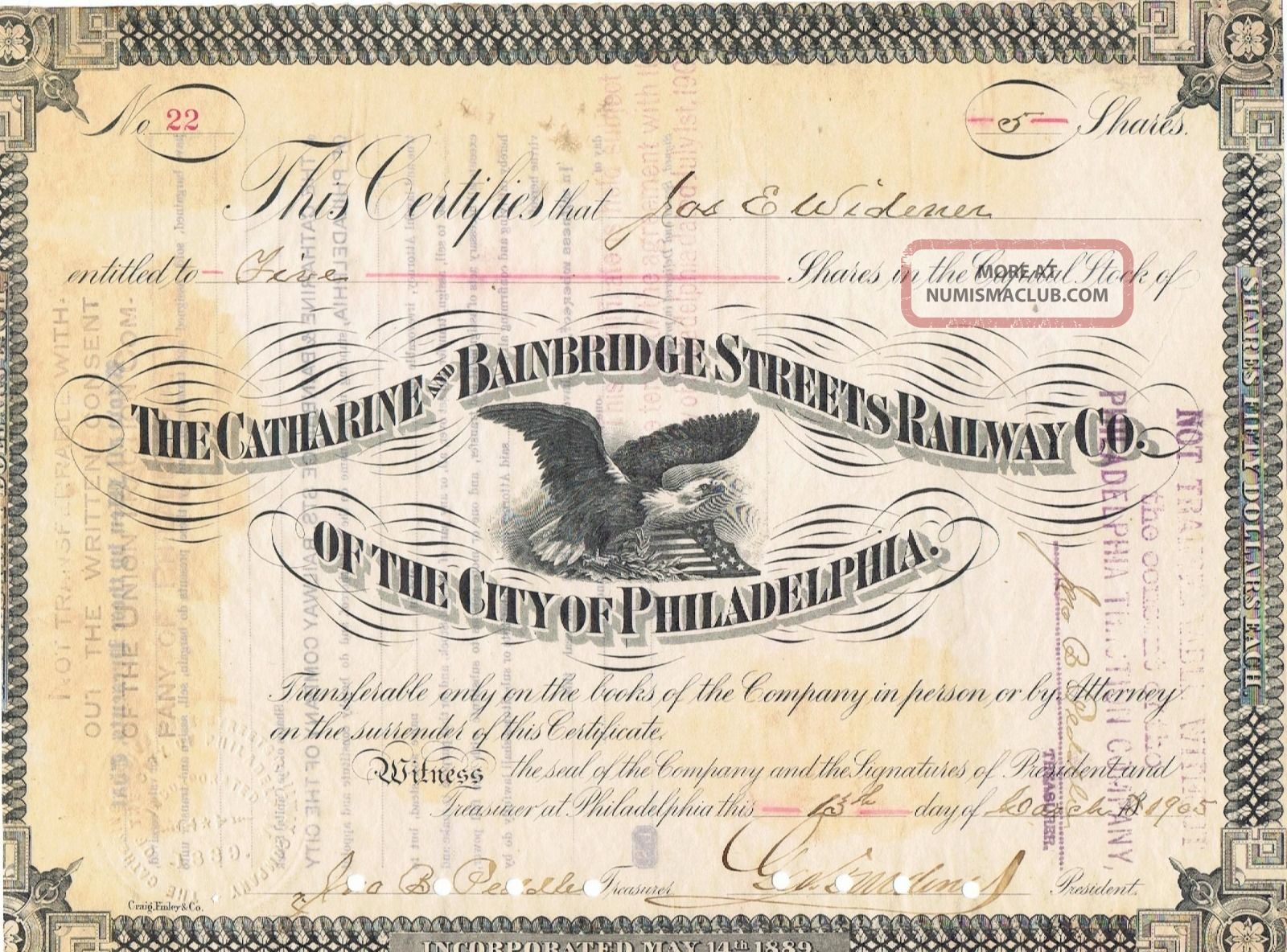 The Catherine And Bainbridge Streets Ry Co Stock March 13,  1905 Philadelphia Transportation photo