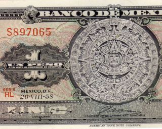 Mexico 1958 $1 Peso Aztec Calendar Serie Hl (s897065) Note photo