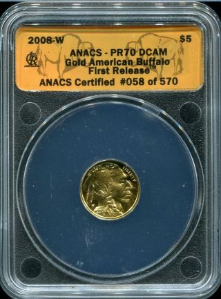 2008 - W $5 Gold American Buffalo Anacs Pr70 Dcam First Release 058 Of 570 photo