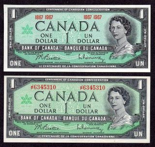 1867 1967 Serial $1.  00 Crisp Fresh Ch Au Dollar X 2 Bank Of Canada Paper Money photo