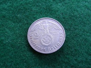 1937 - E Nazi Germany 3rd Reich _ 2 Mark Silver Coin With Swastika photo