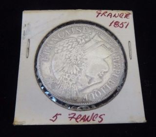 1851 A France Large Silver 5 / Five Francs photo