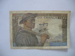 1941 10 Francs Wwii France Vintage Paper Money French Banknote photo