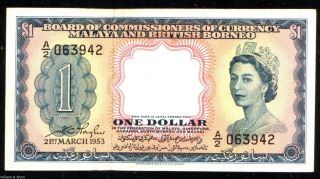 Choice Crisp Au - Cu 1953 Malaya British Borneo $1 1st Use Of Qeii Pic 5 Digit photo
