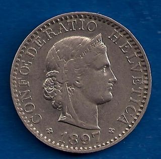 1897 Switzerland 20 Rappen Vintage Low Mintage Swiss Nickel Composition Coin photo