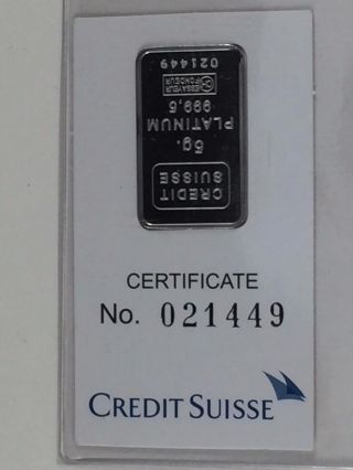 Credit Suisse.  9995 Fine Platinum 5 Gram Certified Bullion Bar - Pm21 - W photo