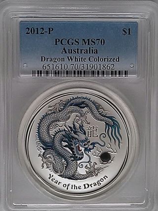Pcgs Ms70 2012 Australia Year Of The Dragon White Colorized Lunar $1 Silver - 1oz photo