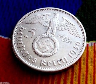5 Mark German Silver Coin Ww2 1936 A Third Reich Swastika Reichsmark photo