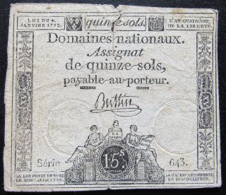 1792 France Assagnat 15 Sols French Revolution Note photo