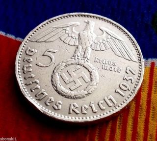 5 Mark German Silver Coin Ww2 1937 D Third Reich Swastika Reichsmark photo