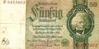 Xxx - Rare 50 Reichsmark Third Reich Nazi Banknote 1933 Only 7 No. photo