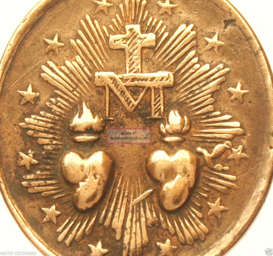 Large Miraculous Medal 19th Century Antique Bronze Religious Pendant
