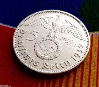 5 Mark German Silver Coin Ww2 1937 A Third Reich Swastika Reichsmark photo