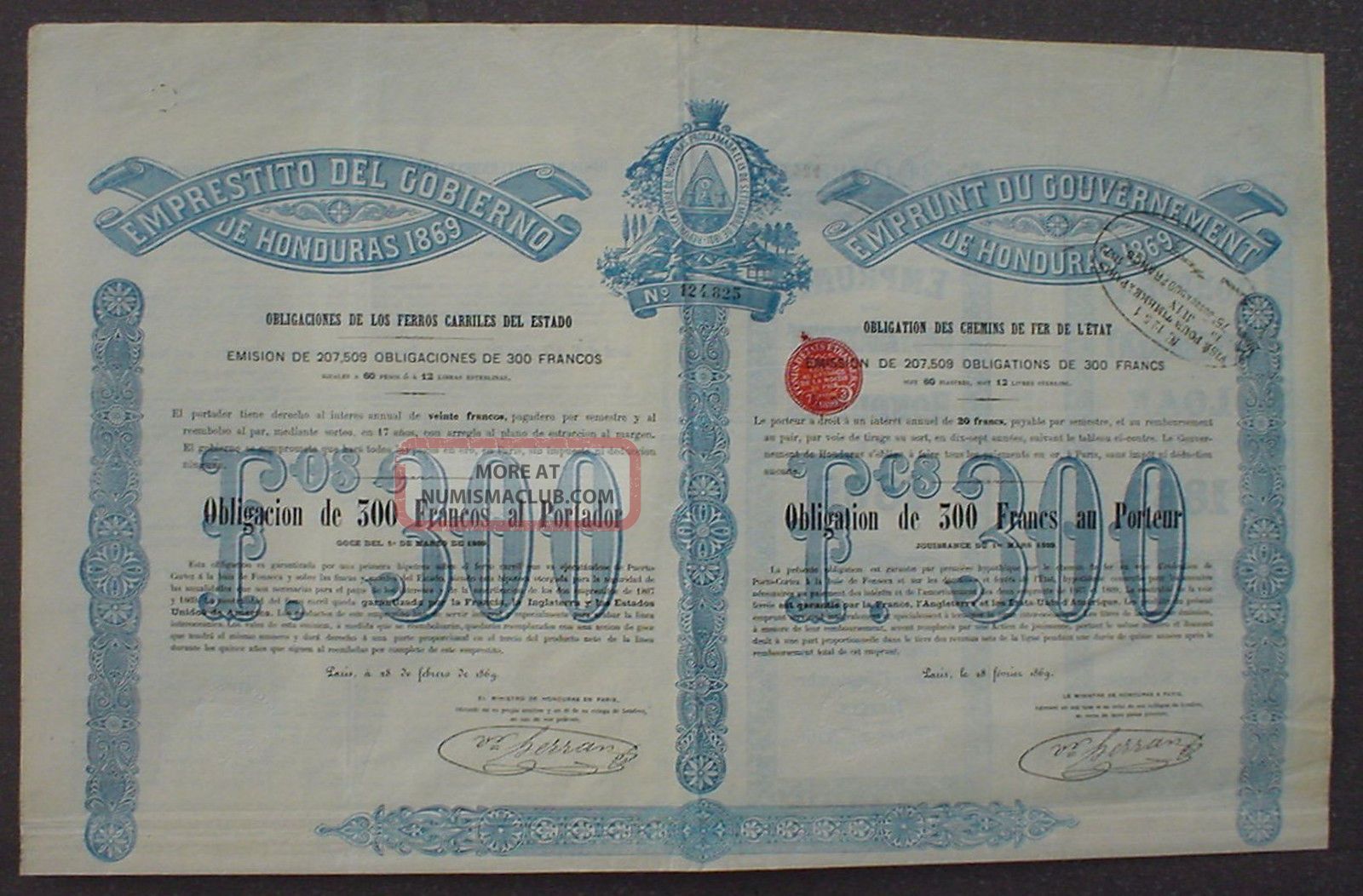 Honduras Government Loan Of 300 Francs Or 12 Pound Sterling Bond To Bearer 1869 Stocks & Bonds, Scripophily photo