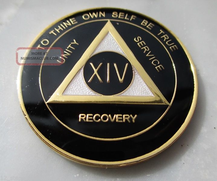 14 Years Alcoholics Anonymous Aa Anniversary Painted Black Pearl Gold Medallion Exonumia photo