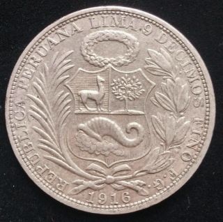 Peru Lima 1 Sol 1916 Silver Coin Crown photo