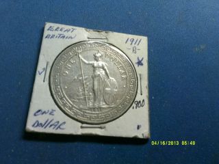 Great Britain 1 Dollar Silver Coin.  900 1911b Km - T5 photo