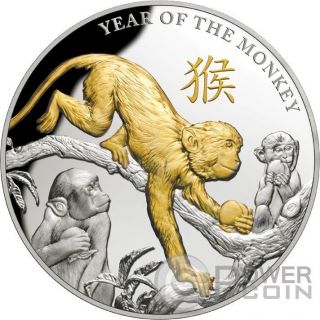 Monkey Lunar Year Gold Plated 5 Oz Silver Proof Coin 8$ Niue 2016 photo