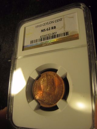 Ceylon 1910 1 Cent Pcgs Ms - 62 Rb,  Again,  With Iridescent Toning,  Looks Far Nicer photo