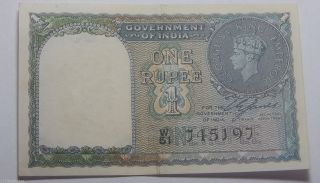 1940 British India 1 Rupee Banknote Note - Black Serial Number photo