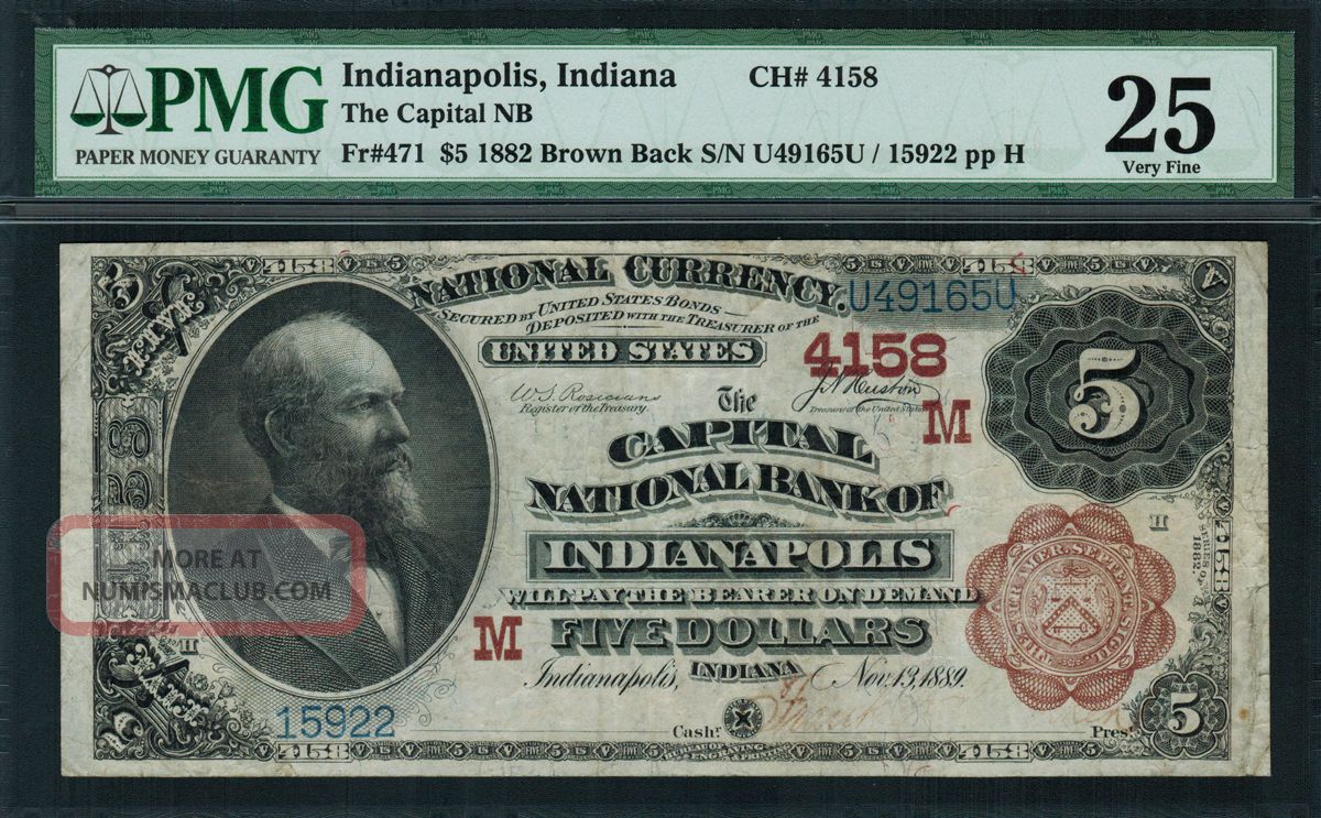 1882 $5 Nbn Indianapolis,  In - Brown Back - Fr.  471 Charter 4158 - Pmg 25 Paper Money: US photo