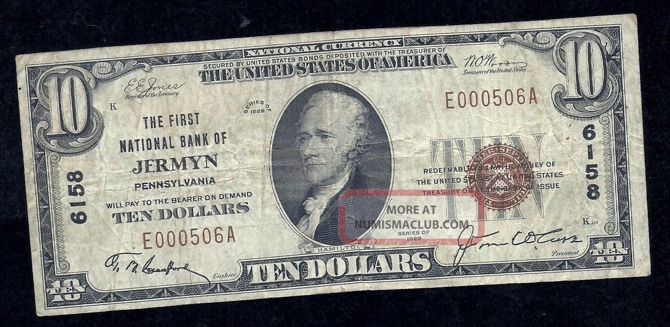 1929 $10 National Currency First National Bank Of Jermyn Pa.  Low Serial 000506 Paper Money: US photo
