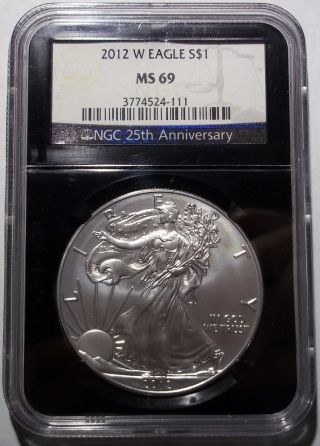 2012 - W Burnished Silver Eagle Ngc Ms69 West Point Dollar Black Retro Slab photo