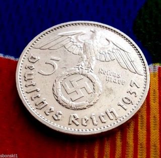 5 Mark German Silver Coin Ww2 1937 G Third Reich Swastika Reichsmark photo