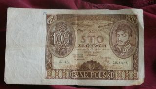 Poland 1932 Bank Note 100 Zlotych Paper Money Polish Warsaw Large Money photo