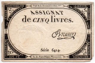 1793 Second Issue Assignat 5 Livres Signed By Bruron (p - A76) photo