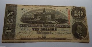 1863 Confederate State Of America Csa $10 Civil War Currency Note photo