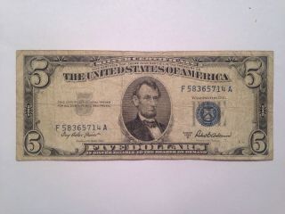 Old 1953 Five Dollar Bill $5 Blue Seal Silver Certificate Note - Antique Money photo