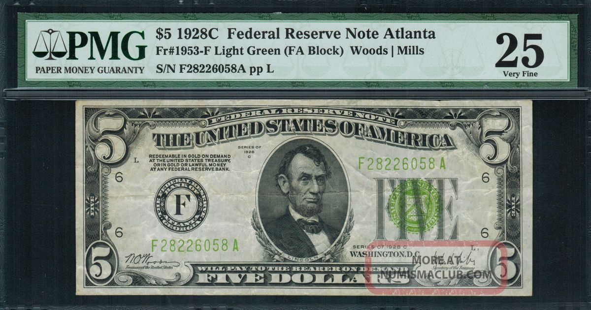 1928c $5 Federal Reserve Note Atlanta - Light Green Seal - Fr - 1953 - F - Pmg 25 Small Size Notes photo