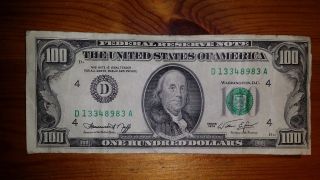 1974 $100 One Hundred Dollar Bill Federal Reserve Note - D13348983a - Circulated photo