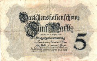 Xxx - Rare German 5 Mark Banknote Darlehnskassenschein From 1914 photo