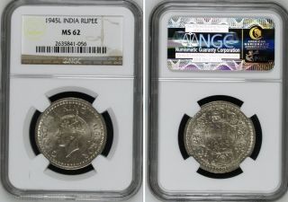 British India King George Vi 1945 (l) Rupee Ngc Ms - 62 Silver Coin photo
