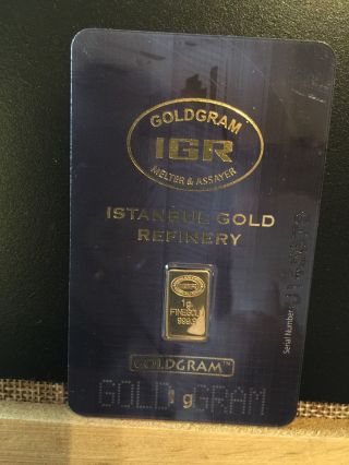 1 Gram Istanbul Gold Refinery Bar.  9999 Fine Gold (in Assay) photo