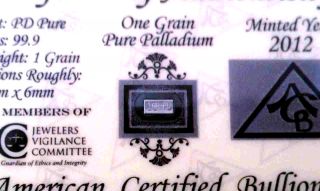 (x 3) Acb Palladium Bullion Minted 1grain Bar 99.  9 Pure Pd W/ Certificate photo