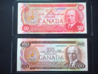 1975 Bank Of Canada Multicolor Serie $50 - $100 Matching Low Serial 0000531 photo